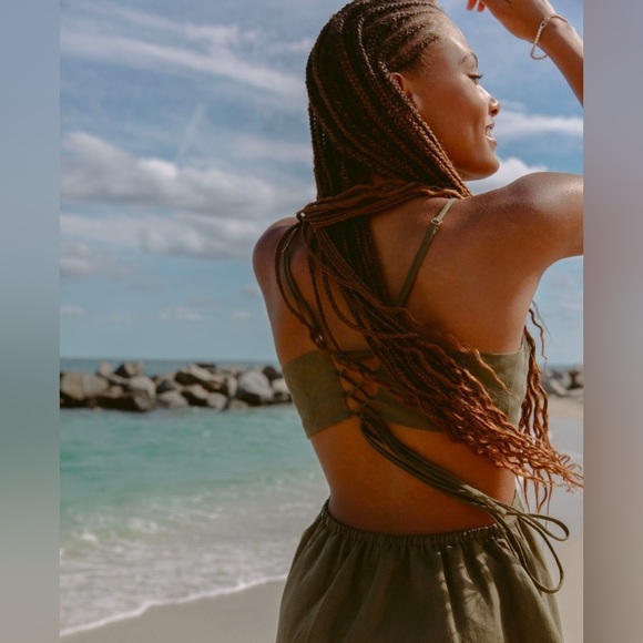 Willard Road Kayleigh 100% Linen Cutout Mini Dress in Seaweed Green - Picture 2 of 12